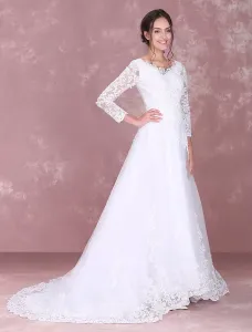 White Wedding Dresses Lace Long Sleeve Beading V Neck Bridal Gown With Train Free Customization #468596