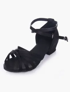Quality Black Soft Sole Open Toe Satin Ballroom Shoes For Kids #455361