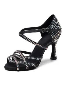 Women's Customized Latin Dance Shoes Black Open Toe Luxury Rhinestones Ballroom Dance Shoes #487108