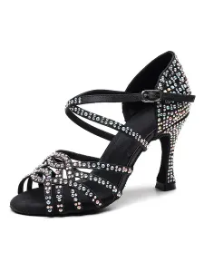 Women's Customized Latin Dance Shoes Satin Black Peep Toe Luxury Rhinestones Ballroom Dance Shoes #487094