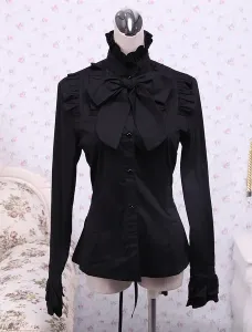Black Cotton Lolita Blouse Long Sleeves Stand Collar Ruffles Bow #453015
