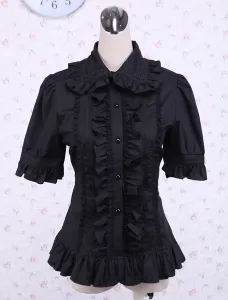 Lolita Blouse Pure Cotton Black Short Sleeves Ruffles Turndown Collar #457014