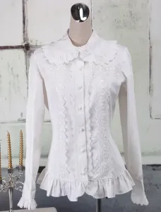 Sweet White Cotton Lolita Blouse Long Sleeves Ruffles Lace Trim Turn-down Collar #451828