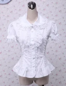 Sweet White Cotton Lolita Blouse Short Sleeves Layered Lace Trim Turn-down Collar #456403