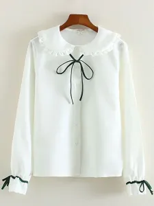 White Bow Ruched Cotton Lolita Shirt for Women #457722