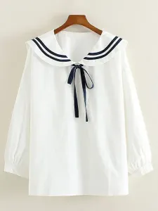 White Bow Stripes Cotton Lolita Shirt for Women #457734