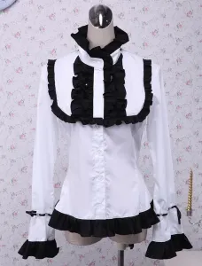 White Cotton Lolita Blouse Long Sleeves Black Ruffles Stand Collar #461831
