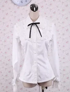 White Cotton Lolita Blouse Long Sleeves Lace Trim Turn-down Collar Black Bow #460127
