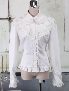 White Cotton Lolita Blouse Long Sleeves Lace Trim Turn-down Collar Ruffles #451816