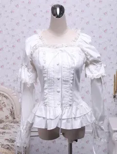 White Cotton Lolita Blouse Long Sleeves Square Neck Lace Trim Layered Ruffles Lace Bow #451842