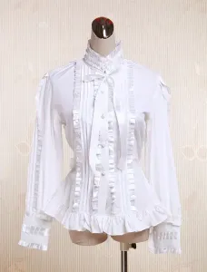 White Cotton Lolita Blouse Long Sleeves Stand Colalr Lace Bow Layered Ruffles #456488