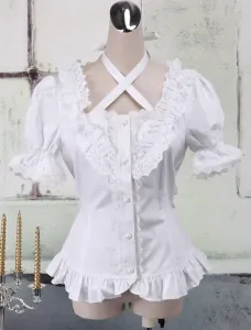 White Cotton Lolita Blouse Short Sleeves Neck Straps Lace Trim Ruffles #451822