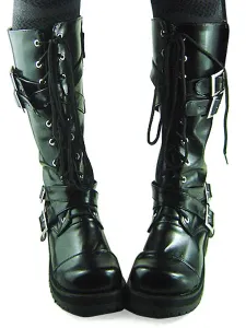 Gothic Black Lolita Boots Chunky Heels Shoelace Straps Buckles #459281