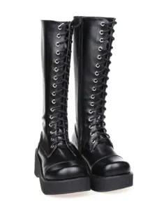 Gothic Black Lolita Boots Platform Shoelace Zip Designed #453144