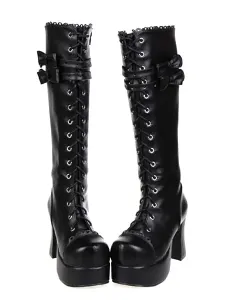 Gothic Black Lolita Chunky Heels Boots Platform Shoelace Bows #452626