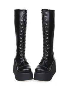 Street Wear Black Leather Platform Lolita Boots #453158