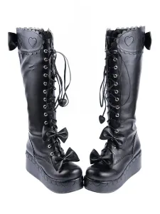 Sweet Black Leather Front Lace Up Bow Lolita Boots #452356