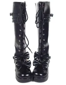 Sweet Lolita Boots Chunky Heels Platform Bows Lace Up Lolita Boots #452605