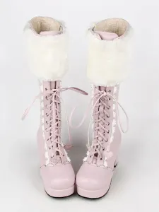 Sweet Lolita Boots Pink Faux Fur Lace Up Chunky Heel Boots #462815