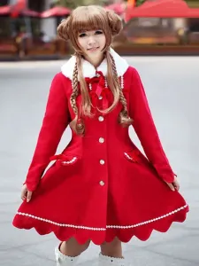 Red Lolita Coat Cashmere Flare Sweet Lolita Overcoat Fur Collar Long Sleeve Lace Up Winter Lolita Coat #463150