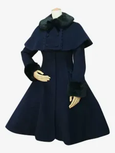 Sweet Lolita Coat Black Wool Turndown Collar Long Sleeve Slim Fit Detachable Lolita Cape Coat #463155