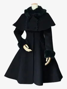 Sweet Lolita Coat Black Wool Turndown Collar Long Sleeve Slim Fit Detachable Lolita Cape Coat #463156