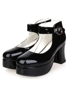 Glossy Black High Chunky Heels Lolita Shoes Platform Ankle Strap Buckle #454106