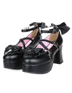 Matte Black Lolita Heels Shoes Platform Shoes Ankle Strap  Buckles Bows #453908