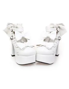 Matte White Lolita Chunky Heels Shoes Platform Shoes Ankle Straps Bows Decor Buckles #453875