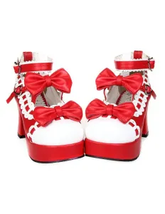 Sweet Chunky Heels Lolita Shoes Platform Bows White Trim Ankle Strap Heart Shape Buckles #453886
