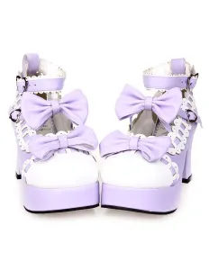 Sweet Chunky Heels Lolita Shoes Platform Bows White Trim Ankle Strap Heart Shape Buckles #453897