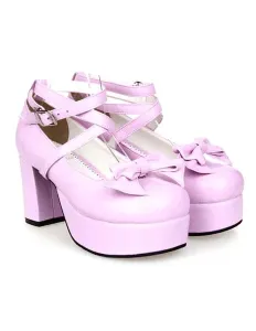 Sweet Lolita Chunky Heels Shoes Platform Shoes Ankle Straps Bow Decor Buckle #453941