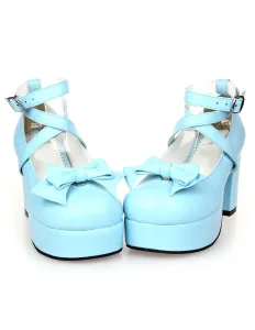 Sweet Lolita Chunky Heels Shoes Platform Shoes Ankle Straps Bow Decor Buckle #453952