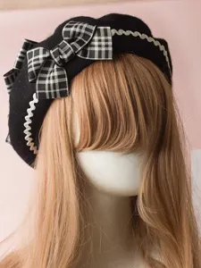Classic Lolita Beret Plaid Bow Wool Burgundy Lolita Bowler Hat #474911
