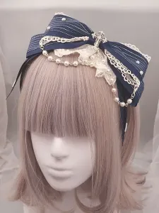 Classic Lolita Headband Metallic Design Lace Pearl Ruffle Bow Lolita Hair Accessory #479634