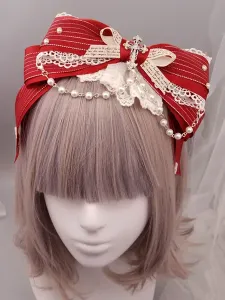 Classic Lolita Headband Metallic Design Lace Pearl Ruffle Bow Lolita Hair Accessory #479635