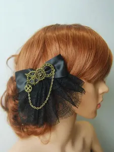 Steampunk Lolita Headdress Lace Trim Satin Bowknot Metallic Chain Black Lolita Hair Accessory