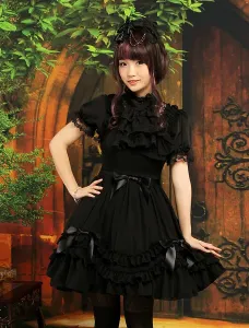 Sweet Black Straps Neck Bow Chiffon Cute Lolita Jumper Skirt #452139