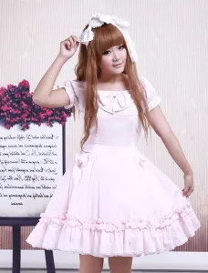 Cotton Pink Lace Short Sleeves Cosplay Lolita Dress #456640