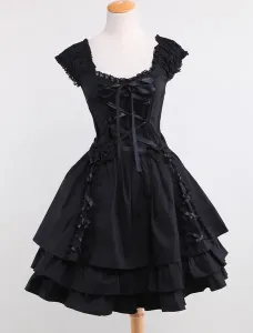 Gothic Lolita Dress OP Black Square Neck Short Sleeve Ruffle Tiered Lolita One Piece Dress #451810