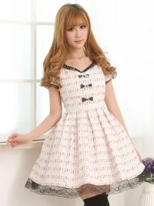 Light Pink White Lolita OP Dress Short Sleeves Lace Trim Bows #452540