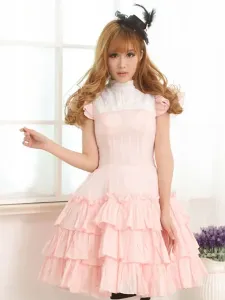 Pink Cotton Lolita One-piece Dress Layered Ruffles Lace Up #452550