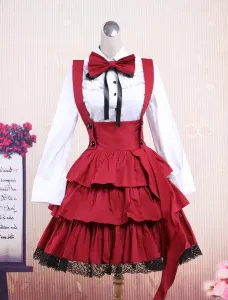 Cotton White Long Sleeves Blouse And Black Ruffles Lolita Skirt Outfit #452074