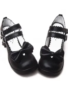 Black Chunky Heels Shoes Straps Bow Buckles Hollow Heart #461634