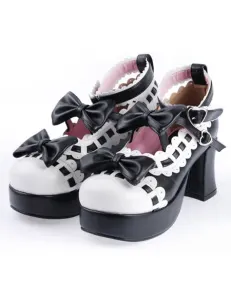 Black White Lolita Chunky Heels Shoes Platform White Trim Bows Ankle Strap #456494