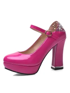 Classic Lolita Pump Rhinestone Cut Out Ankle Strap Patent Platform Chunky Heel Lolita Shoes #648979