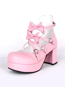 Sweet Chunky Heels Lolita Shoes Platform Bow Decor Round Toe #452710