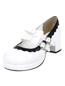 Sweet Lolita Chunky Square Heels Shoes Bows Trim Round Toe #452333