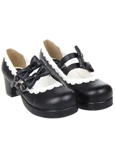 Sweet Lolita Square Heels Shoes Platform Straps Bows Buckles White Trim #453388