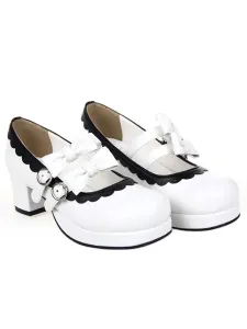 Sweet Lolita Square Heels Shoes Platform Straps Bows Buckles White Trim #453399